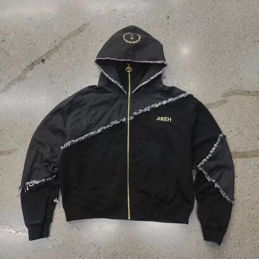 JIREH DROP 01 | Distressed Denim Zip Up | Jet Black